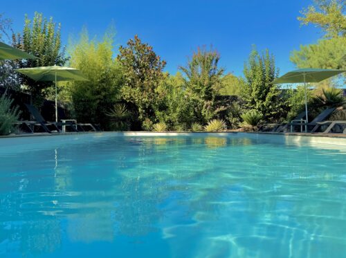 Piscine chauffée à 27°C dans le jardin arboré de 5000 m² de Kassiopée, maison d'hôtes adult only à Albi